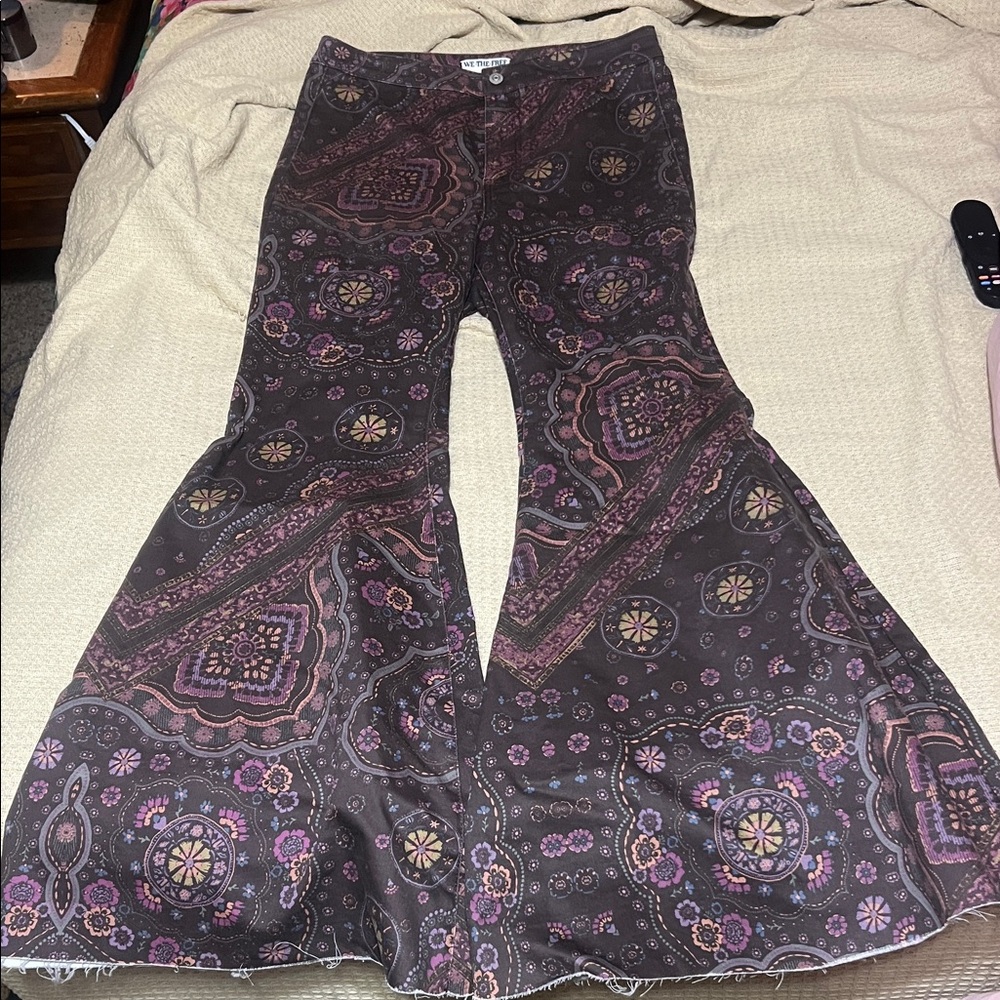 Free People Brown Paisley Wide-Leg Flare Jeans